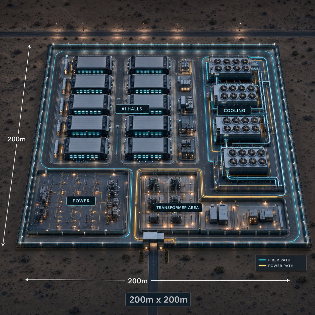 Generated aerial rendering of a square 200m by 200m AI campus with AI halls, cooling, power yard, transformer area and service paths.