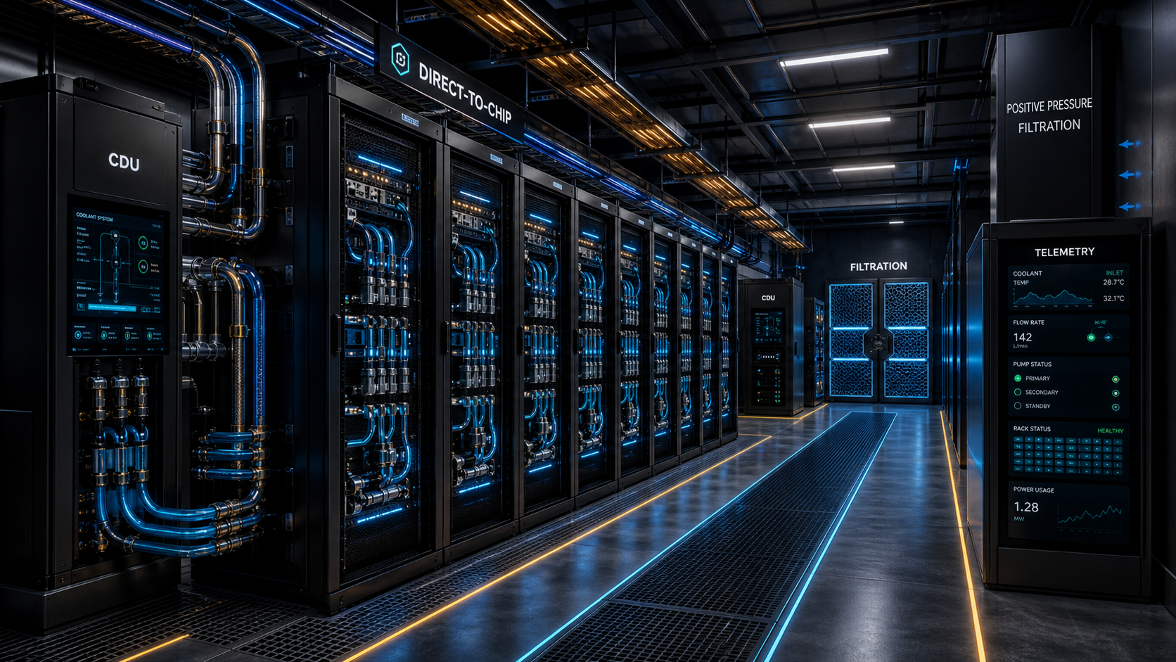 Generated technical rendering of a liquid-ready AI compute hall with GPU racks, direct-to-chip cooling, CDU units, telemetry and filtration.